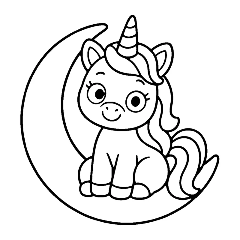 Line drawing of a unicorn sitting inside the curve of a large crescent moon