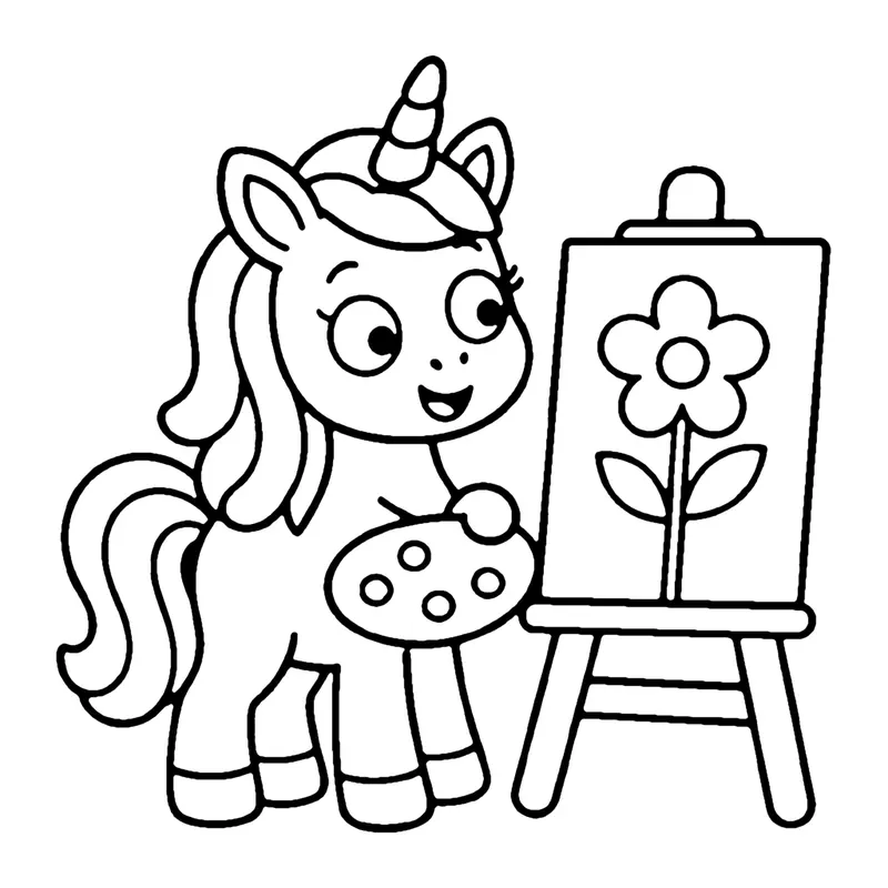 Line drawing of a unicorn holding a paint palette next to an easel with a flower painting