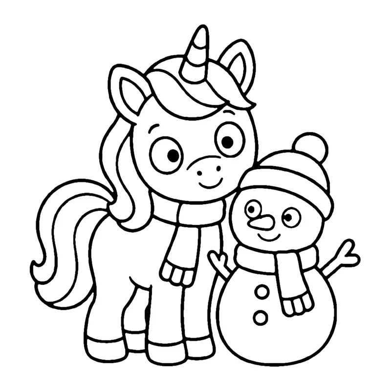 Line drawing of a unicorn in a striped scarf standing beside a snowman in a hat