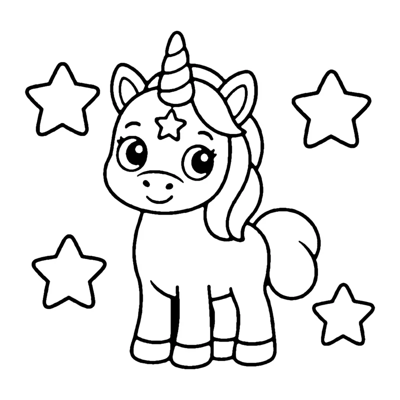 Line drawing of a standing unicorn with a star on its forehead surrounded by four stars