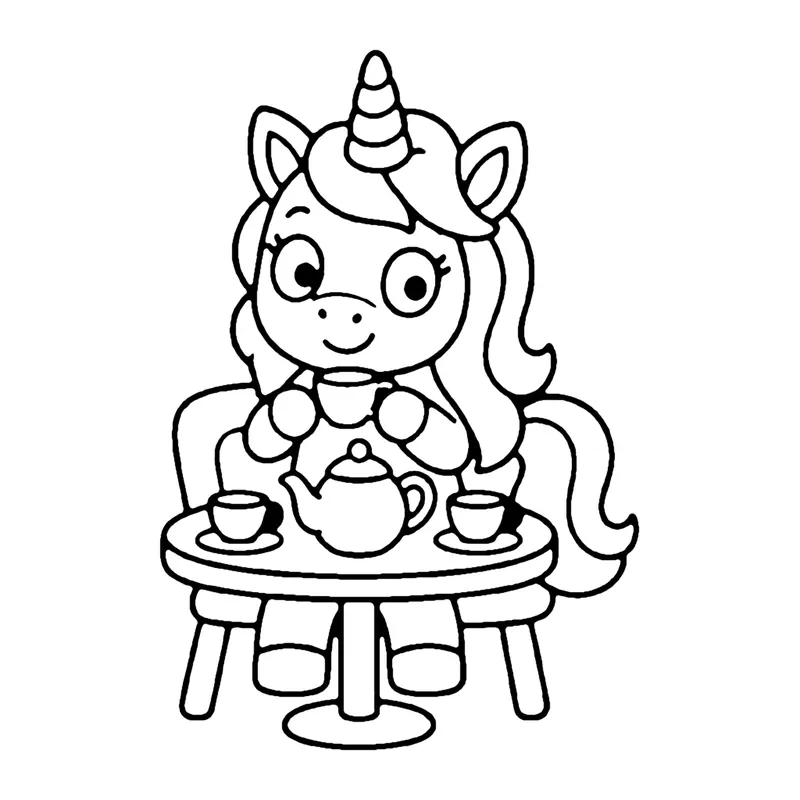 Line drawing of a unicorn sitting on a chair at a small round table with a teapot and cups