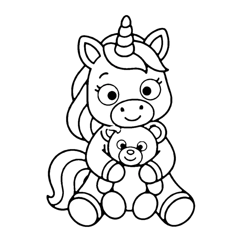 Line drawing of a sitting unicorn giving a big hug to a teddy bear