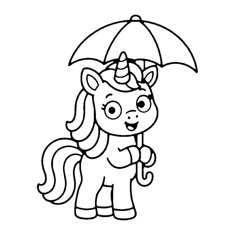 Line drawing of a unicorn standing under an open umbrella