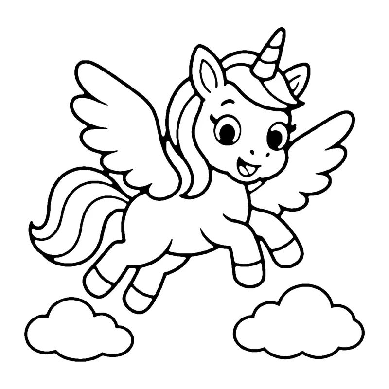 Line drawing of a unicorn with feathered wings flying above two small clouds