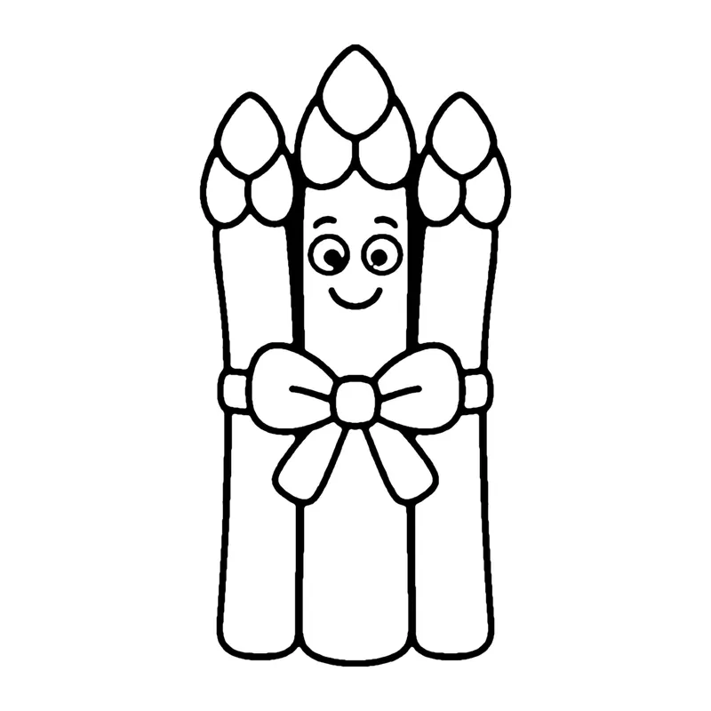 Line drawing of a bunch of asparagus spears tied with a bow, with a smiling face in the middle