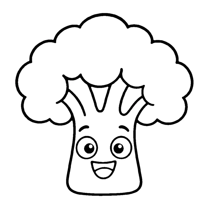 Line drawing of a smiling broccoli with a bumpy cloud-shaped top and a thick stalk