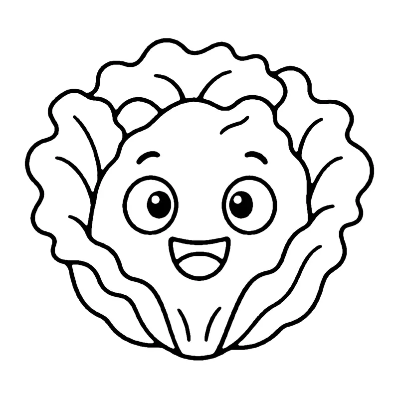 Line drawing of a smiling head of lettuce with ruffled leaves around its face