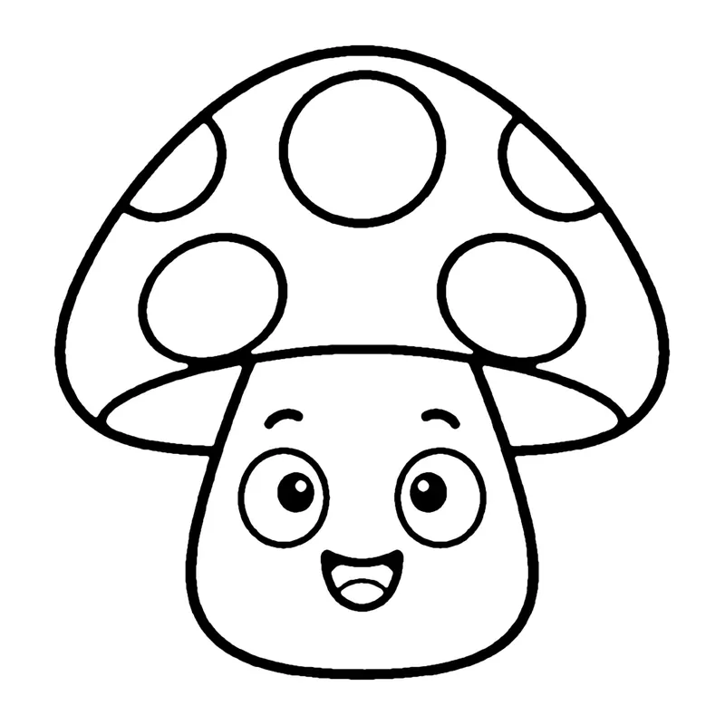 Line drawing of a smiling mushroom with a big round cap covered in circle spots