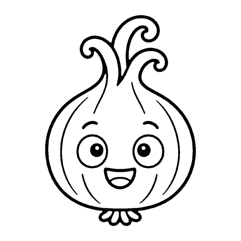 Line drawing of a smiling round onion with a curly top and little roots at the bottom
