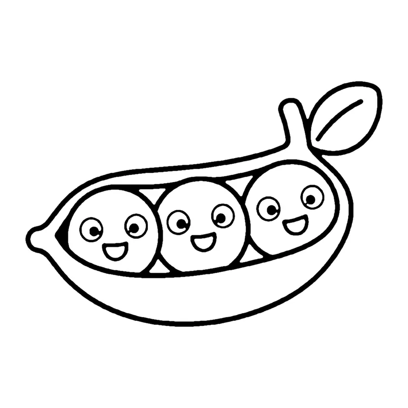Line drawing of an open pea pod holding three smiling peas, with a leaf on the stem