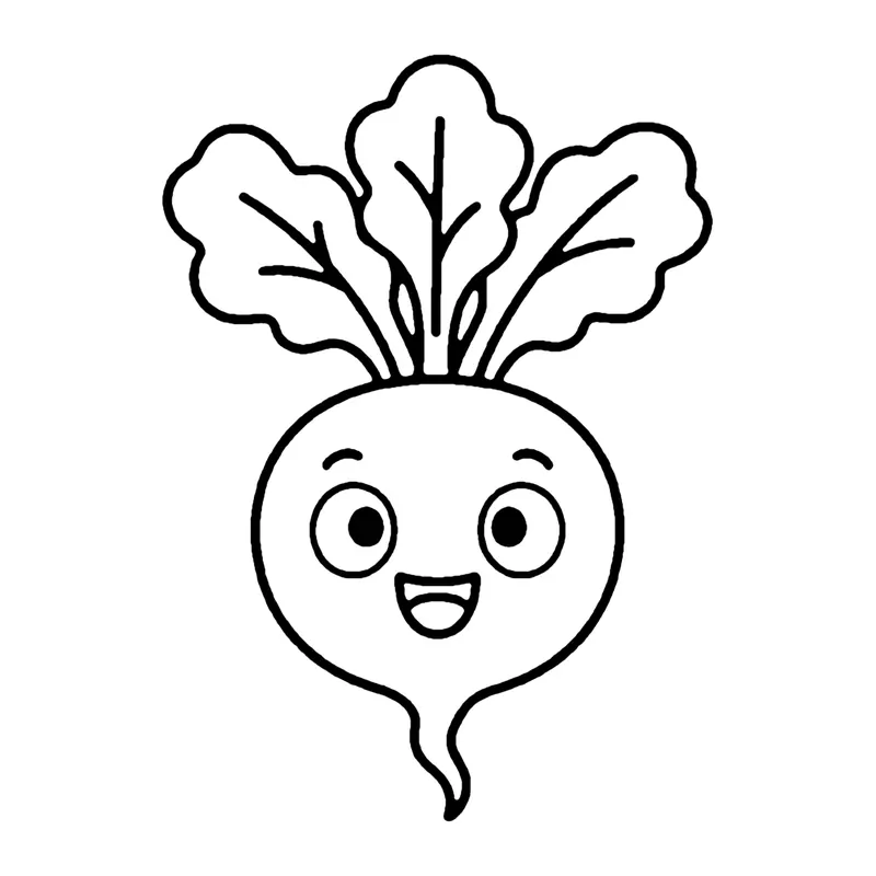 Line drawing of a round smiling radish with leafy greens on top and a thin root below