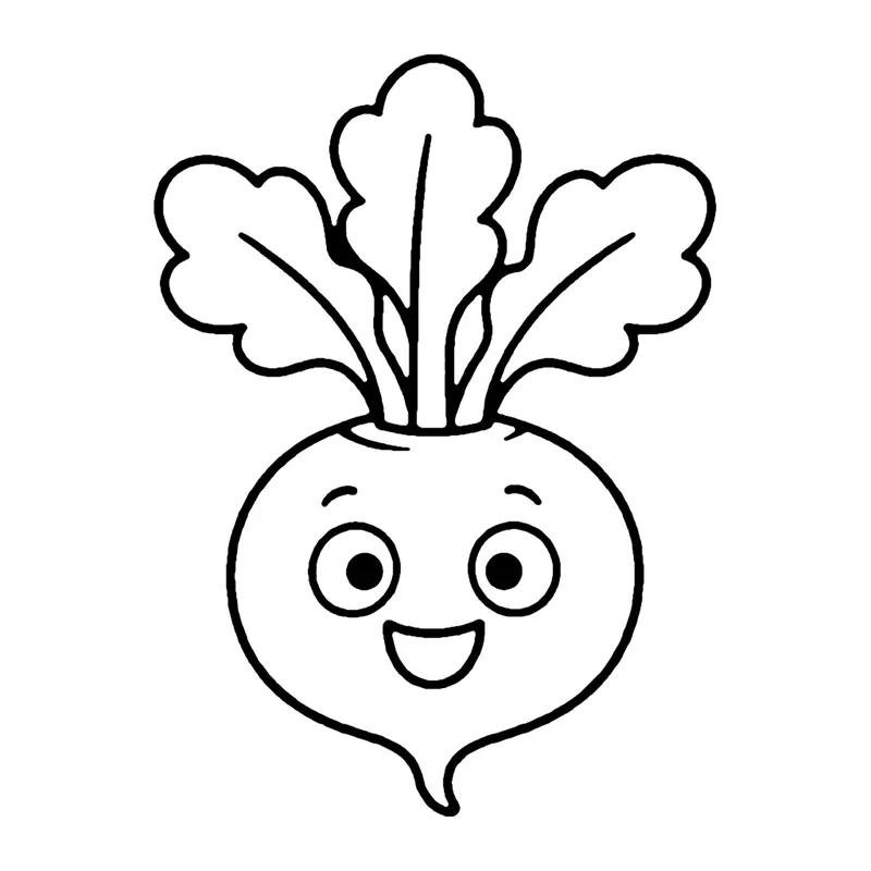 Line drawing of a round smiling turnip with leafy greens on top and a little root at the bottom
